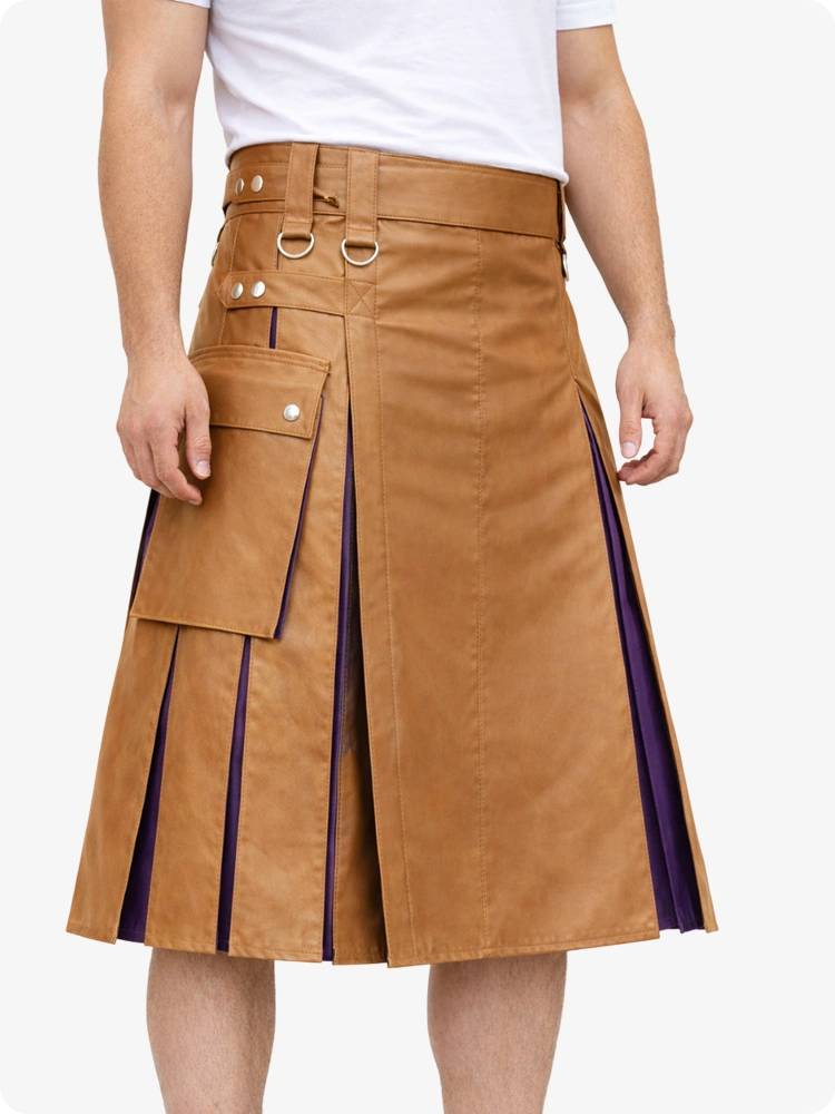 Camel leather skirt with purple accents worn by a person on a white background