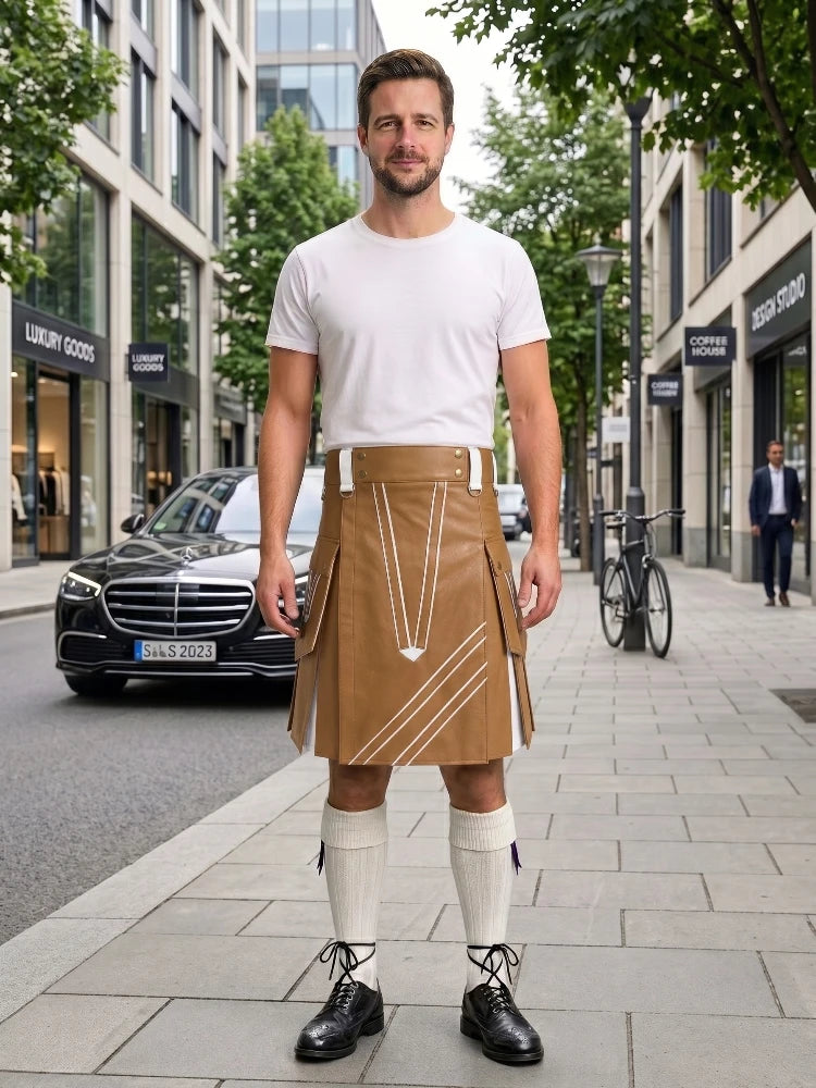 Camel And White Leather Hybrid Utility Kilt Front