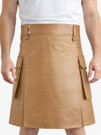 Camel Genuine Leather Utility Kilt with Cargo Pockets & D-Rings
