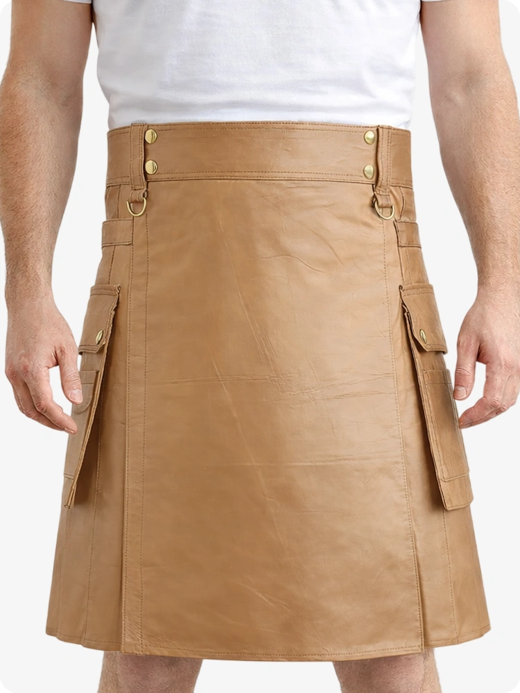 Camel Genuine Leather Utility Kilt with Cargo Pockets & D-Rings