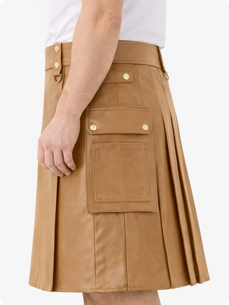 Camel Genuine Leather Utility Kilt with Cargo Pockets & D-Rings