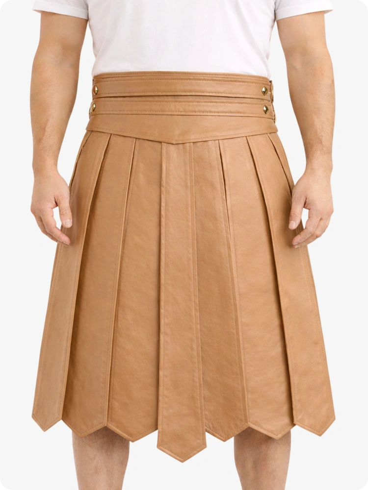 Kilt Highland de cuero color camel con cintura ajustable y pliegues clásicos