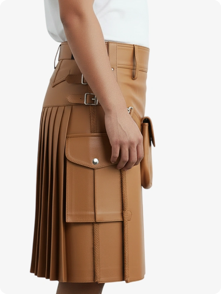 Kilt de cuero plisado color camel con trabillas y correas laterales