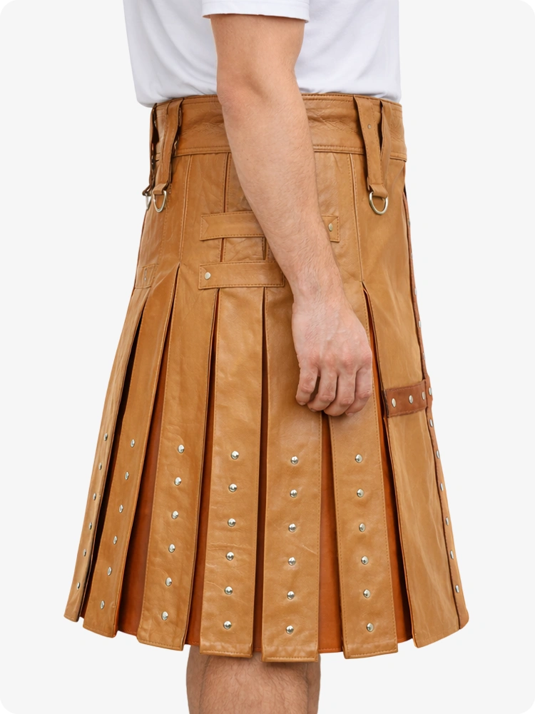 Camel Leather Utility Kilt with Brown Cross Panel & Metal Rivet Detailing
