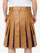 Camel leather kilt with purple lining worn by a person on a white background