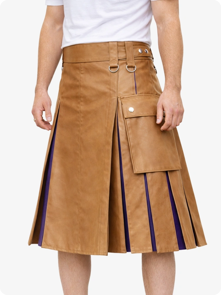 Camel skirt with purple accents worn by a person on a white background