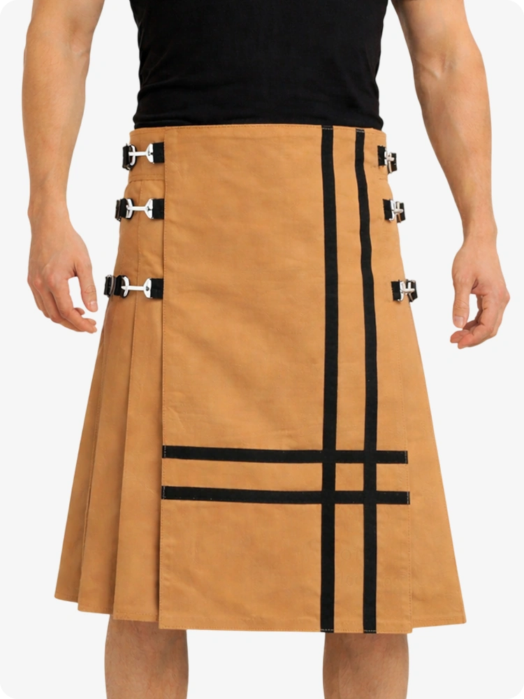 Camel Leather Utility Kilt with Side Buckles & Pleated Back