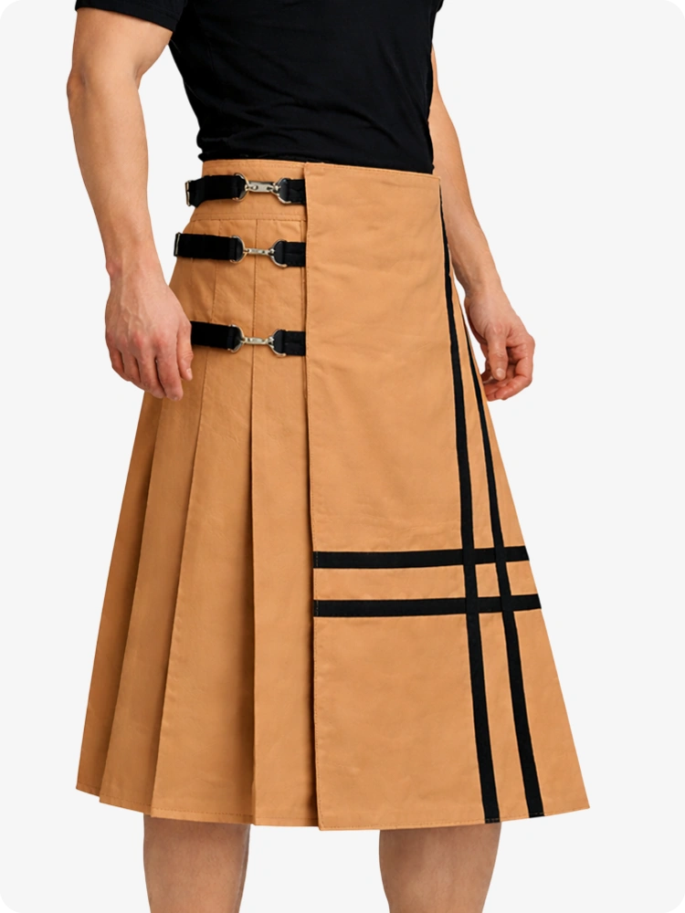 Camel Leather Utility Kilt with Side Buckles & Pleated Back