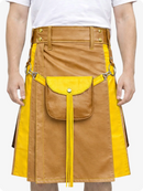 Camel and yellow leather kilt with a pocket and fringes on a white background