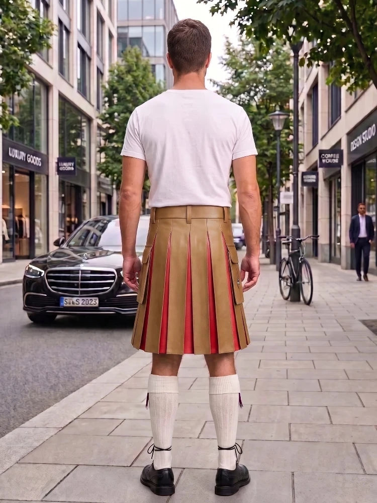 A man viewed from behind wearing a white t-shirt, a tan pleated leather kilt with red stripes, white knee-high socks, and black shoes, standing on a city sidewalk.