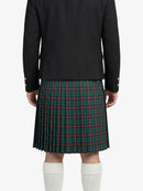 Person wearing a black jacket and green plaid kilt on a white background