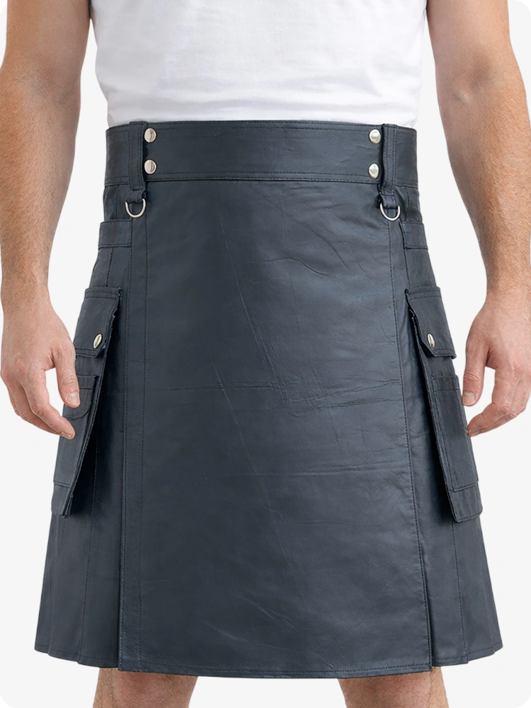 Charcoal Genuine Leather Utility Kilt with Cargo Pockets & D-Rings