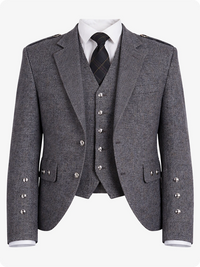 Gray tweed suit with jacket, waistcoat, and tie on a white background