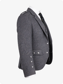 Charcoal blazer with button details on a white background