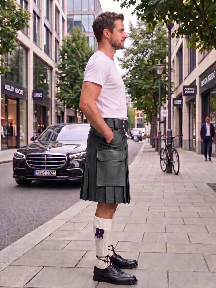 A man standing on a city sidewalk wearing a dark green pleated kilt, a white t-shirt, white socks, and black leather shoes. A black Mercedes-Benz car is parked on the street behind him, with trees and storefronts in the background.