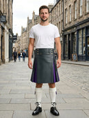 Charcoal Leather Kilt With Purple Pleats Front Side