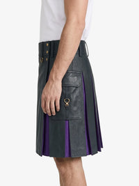 Charcoal Leather Kilt With Purple Pleats Left 