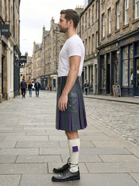 Charcoal Leather Kilt With Purple Pleats Left Side