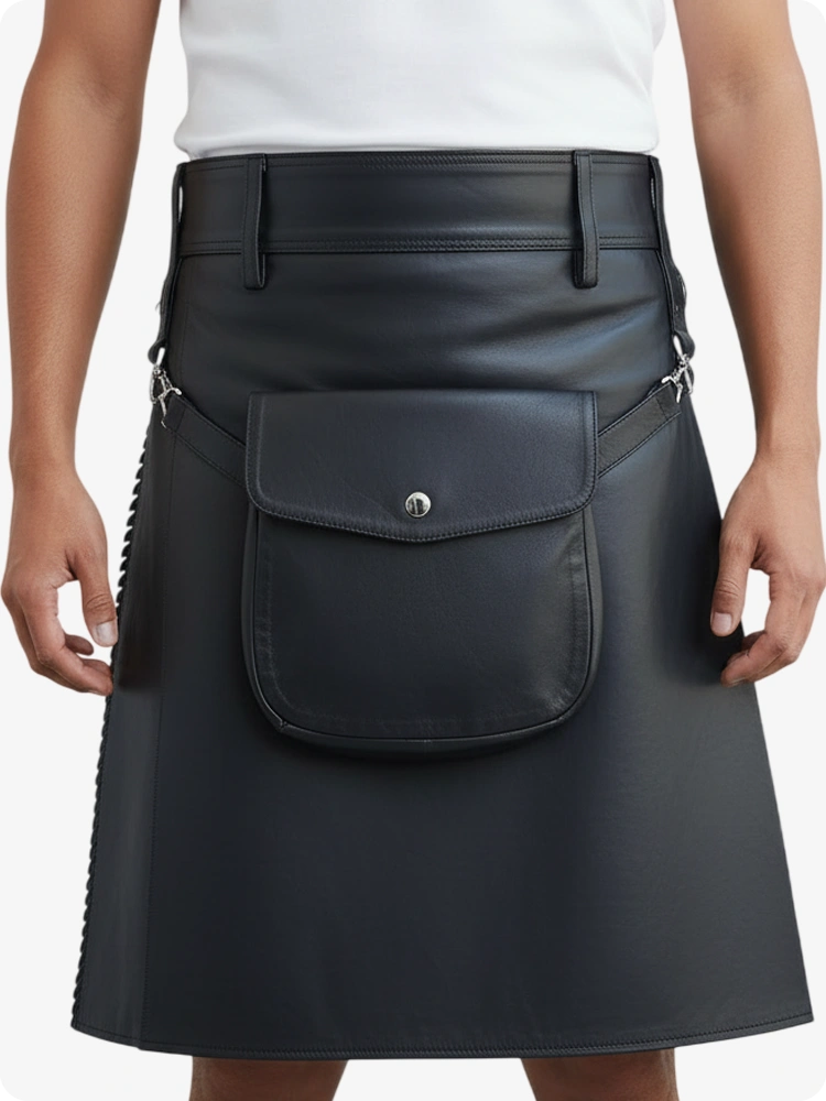 Kilt de cuero plisado color carbón con trabillas y correas laterales