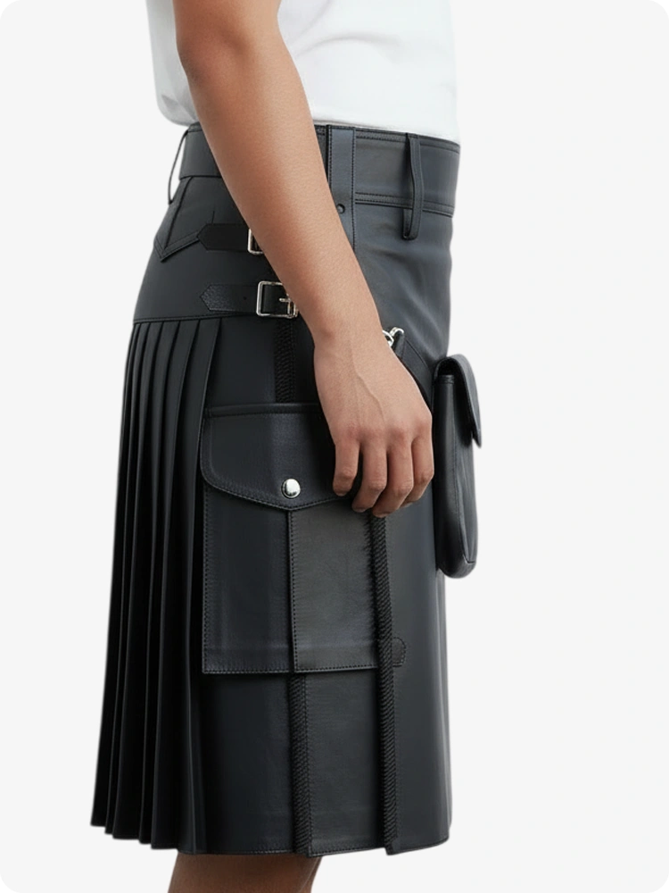 Kilt de cuero plisado color carbón con trabillas y correas laterales