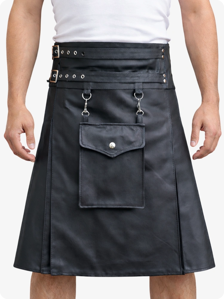 Charcoal Leather Utility Kilt with Front Pocket & Adjustable Buckle Straps