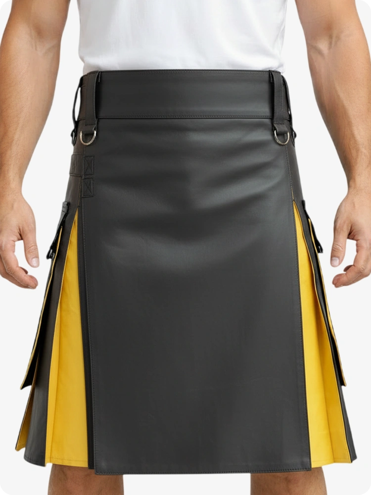 Kilt de cuero color carbón y amarillo con bolsillos cargo