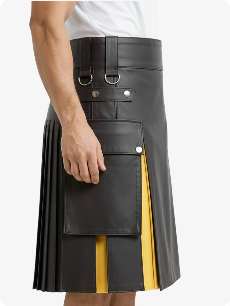 Kilt de cuero color carbón y amarillo con bolsillos cargo