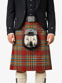 Person wearing a traditional Scottish kilt with a sporran on a white background