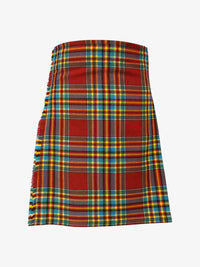 Plaid kilt with red, blue, and yellow colors on a white background