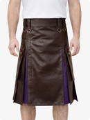 Chocolate Brown leather kilt with purple accents on a white background