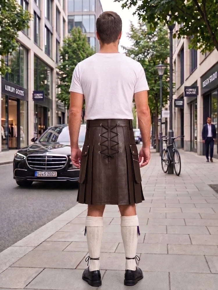 A man viewed from behind wearing a dark brown leather kilt with lace-up back detailing, a white t-shirt, white knee-high socks, and black shoes, standing on a city sidewalk.