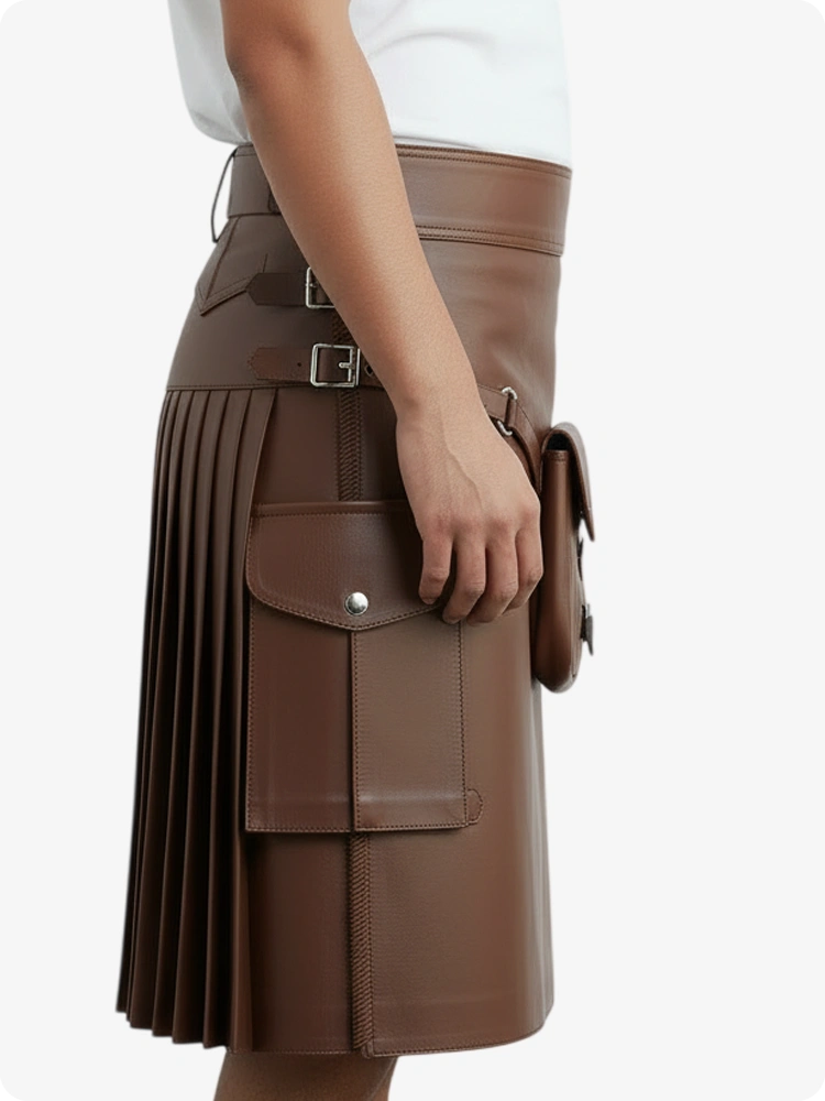 Kilt de cuero plisado marrón chocolate con trabillas y correas laterales