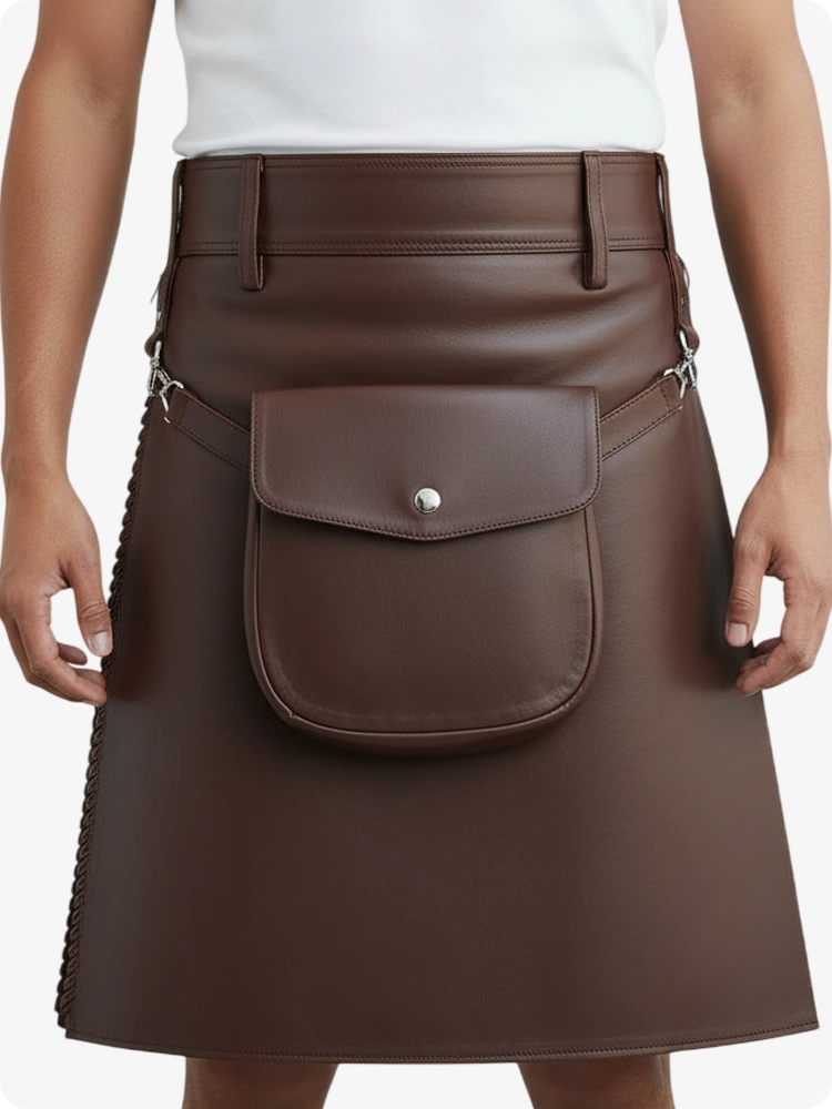 Kilt de cuero plisado marrón chocolate con trabillas y correas laterales