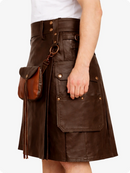 Chocolate Brown leather kilt with pockets and buttons on a white background