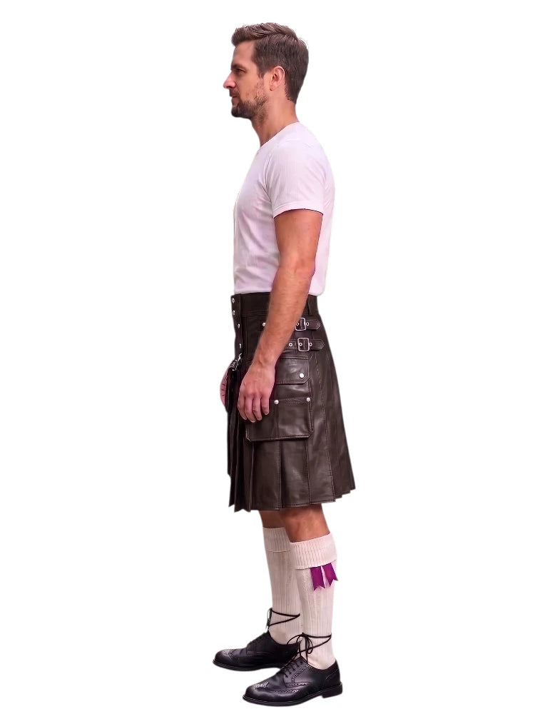 A man shown in profile wearing a black leather kilt, a white t-shirt, white socks with a purple accent, and black shoes, against a plain white background.