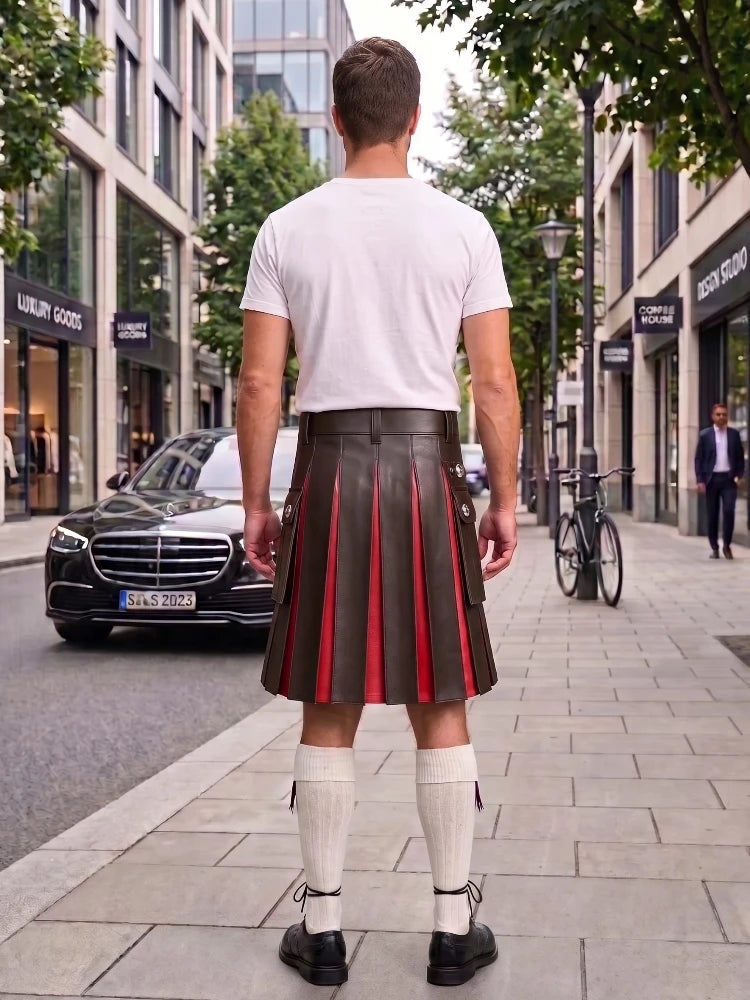 A man standing on a city sidewalk, viewed from behind, wearing a white t-shirt, a dark brown pleated leather kilt with red stripes, white knee-high socks, and black shoes.