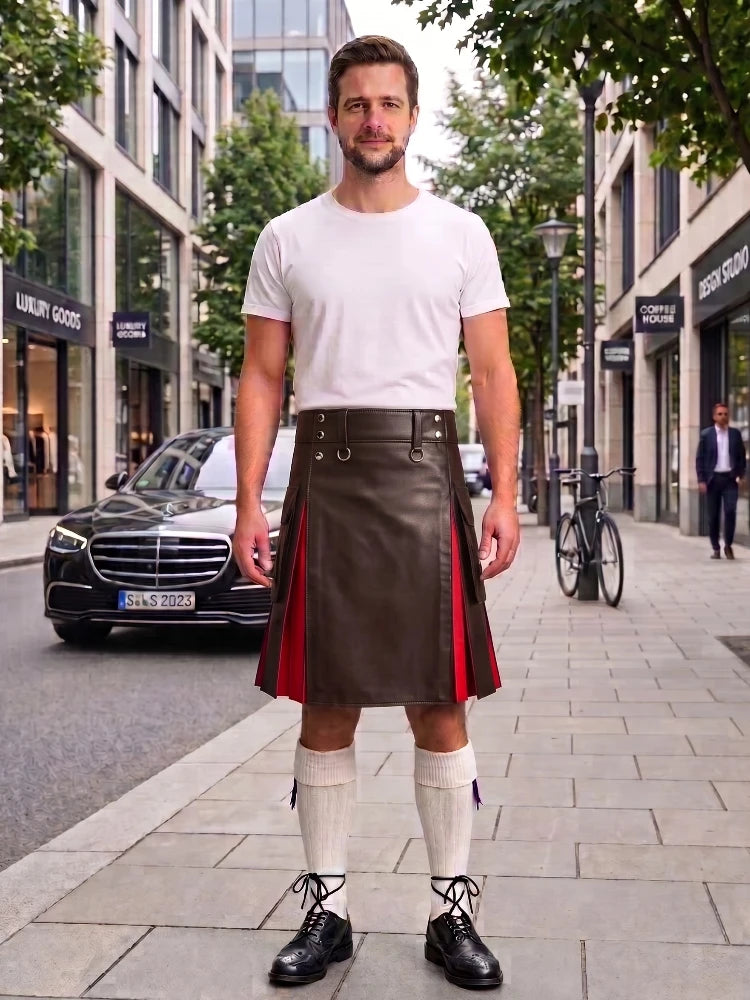 A man stands on a city sidewalk wearing a white crew-neck t-shirt and a dark brown leather kilt with red side panels, paired with white knee-high socks and black leather shoes.
