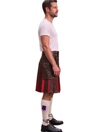 A man shown in profile wearing a brown leather kilt with red and black striped fabric panels, a white t-shirt, white knee socks, and black shoes, against a plain white background.