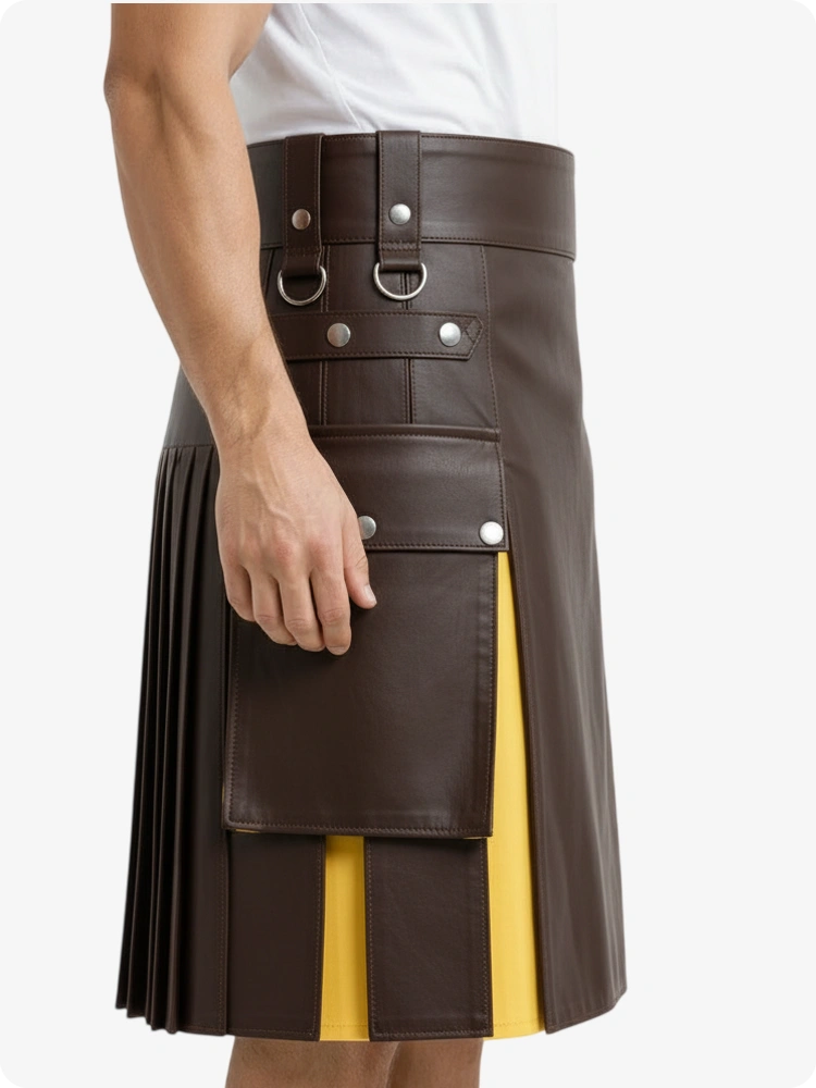 Kilt de cuero marrón chocolate y amarillo con bolsillos cargo
