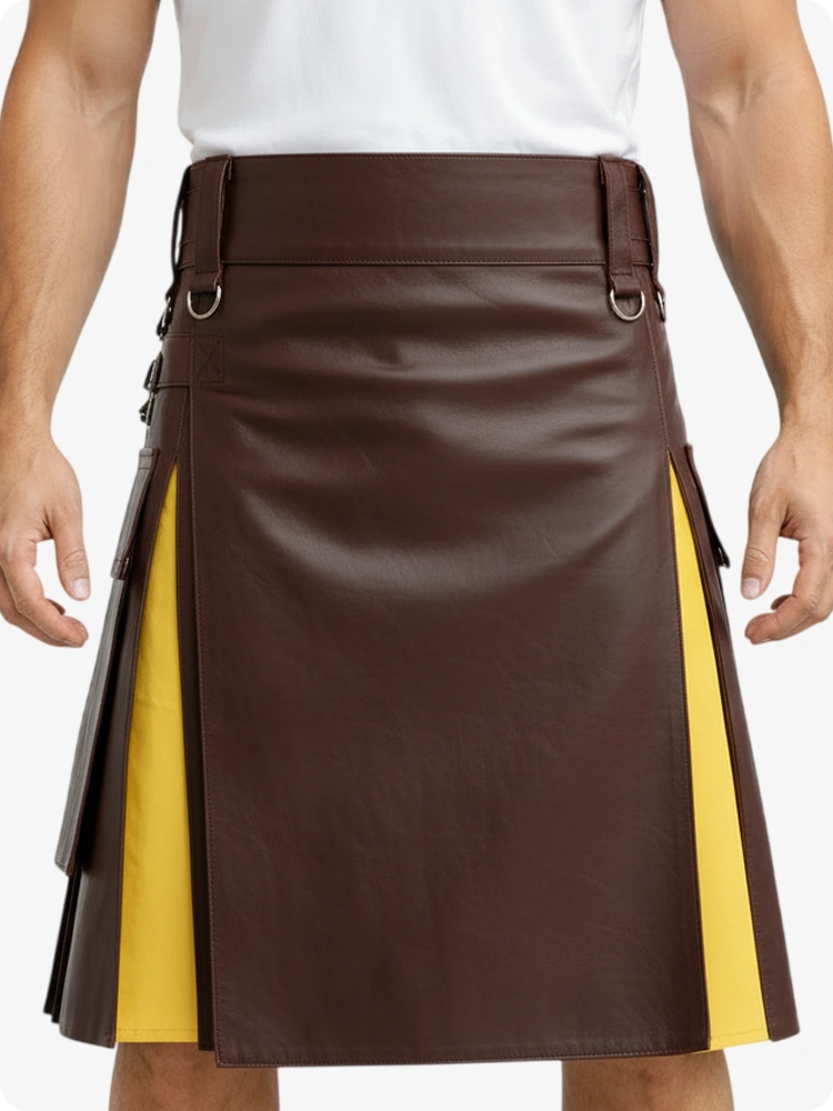Kilt de cuero marrón chocolate y amarillo con bolsillos cargo