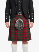 Person wearing a traditional Scottish kilt with a tartan pattern on a white background