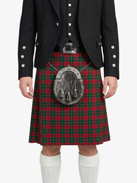 Person wearing a traditional Scottish kilt with a tartan pattern on a white background