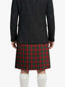 Person wearing a black jacket and red plaid kilt on a white background