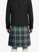 Person wearing a black jacket and plaid kilt on a white background