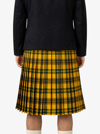 Person wearing a yellow and green plaid kilt with a black top on a white background