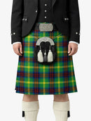 Person wearing a traditional Scottish kilt with a tartan pattern on a white background