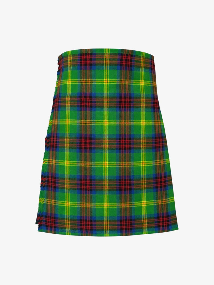 Plaid kilt with green, red, and yellow pattern on a white background