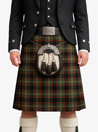 Person wearing a traditional Scottish kilt with a tartan pattern on a white background