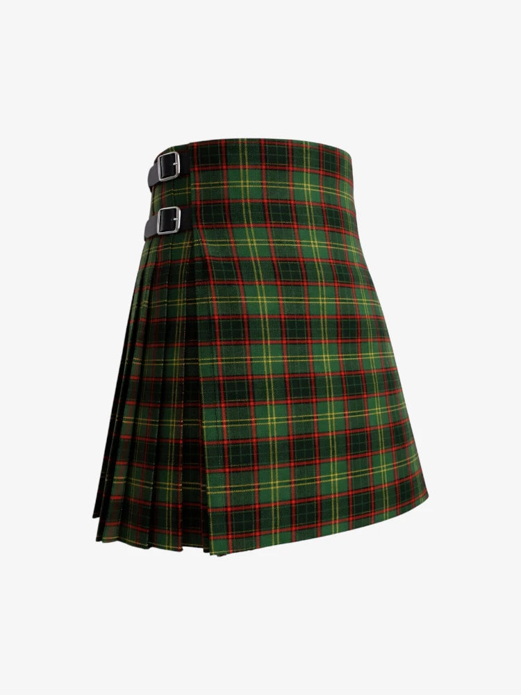 Green plaid kilt with silver buckles on a white background