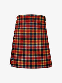 Plaid kilt with red, blue, and yellow pattern on a white background